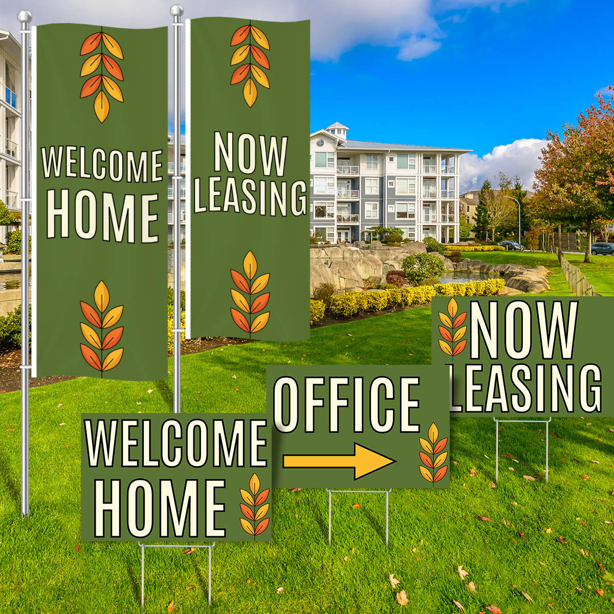 Golden Leaves - Vertical Flag and Yard Sign Marketing Bundle