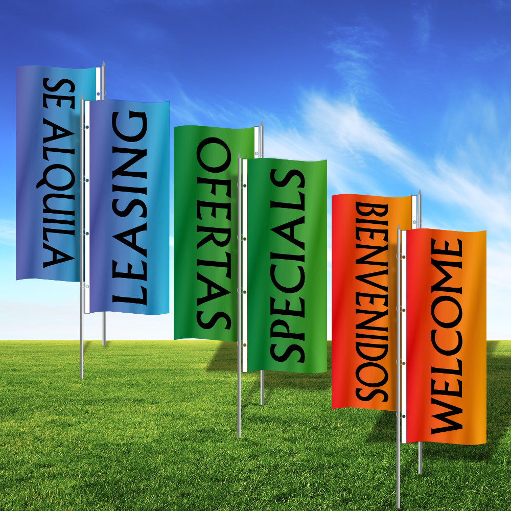 Dual Delight Bilingual- 3x8 Vertical Wave Flag Double Sided