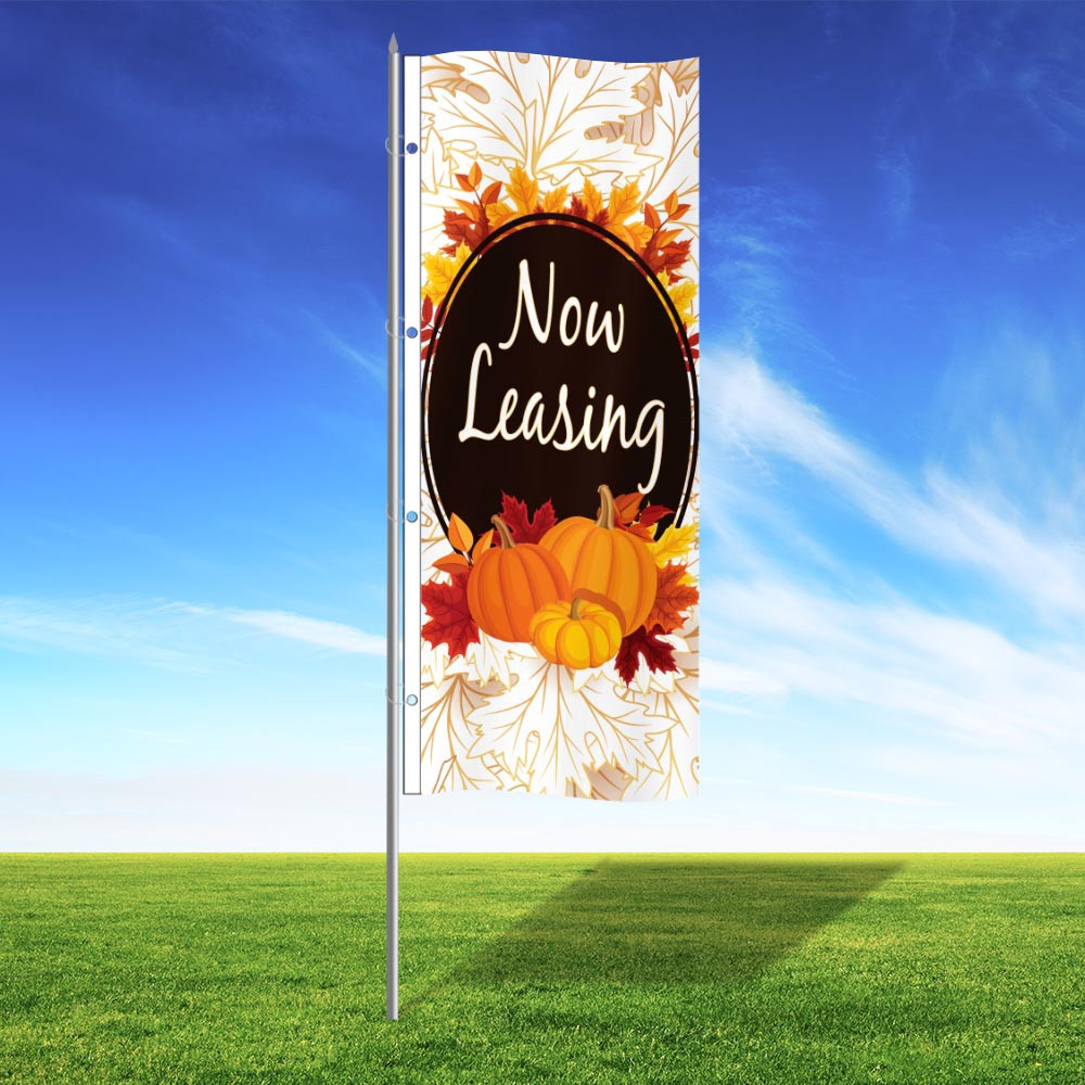 Pumpkin Glow Now Leasing 3x8 Vertical Wave Flag Double Sided
