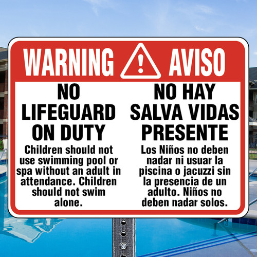 Warning No Lifeguard Bilingual: 18" x 24" Heavy Duty Aluminum Sign