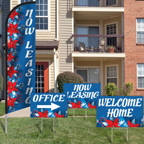 Blue Poinsettia - Double Sided Feather Flag and Yard Sign Marketing Bundle