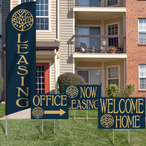 Golden Oak Tree Navy - Double Sided Feather Flag and Yard Sign Marketing Bundle