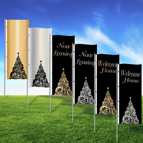 Black Tie Holiday - 3x8 Vertical Wave Flag Double Sided