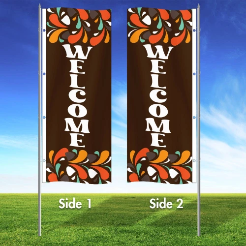 Abstract Drops (Brown) - WELCOME Double Sided 3x8 Vertical Wave Flag