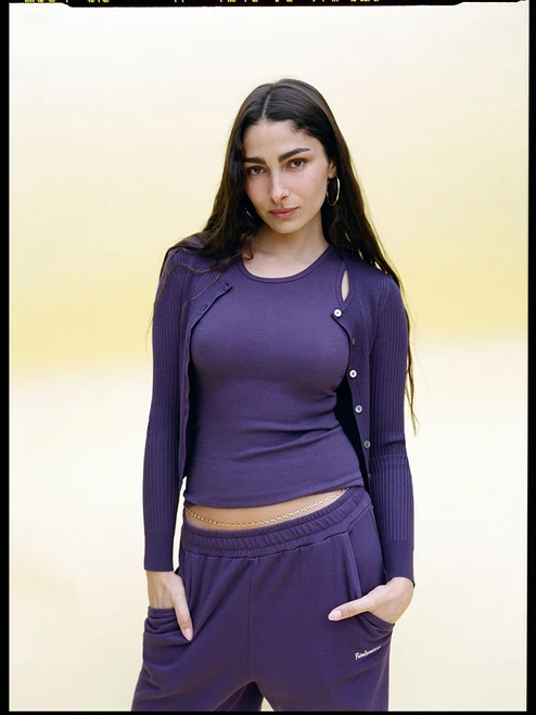 The Winona Cardigan - Deep Purple, model shot