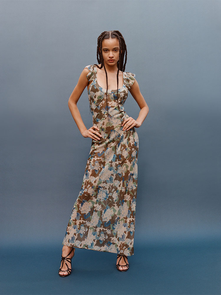 フルールドゥレ The Lila Blue Hydrangea | Sheer Floral Maxi Dress