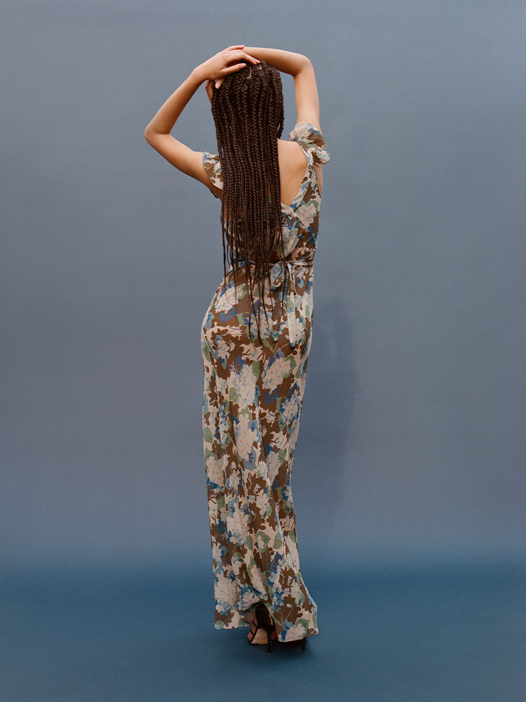 フルールドゥレ The Lila Blue Hydrangea | Sheer Floral Maxi Dress