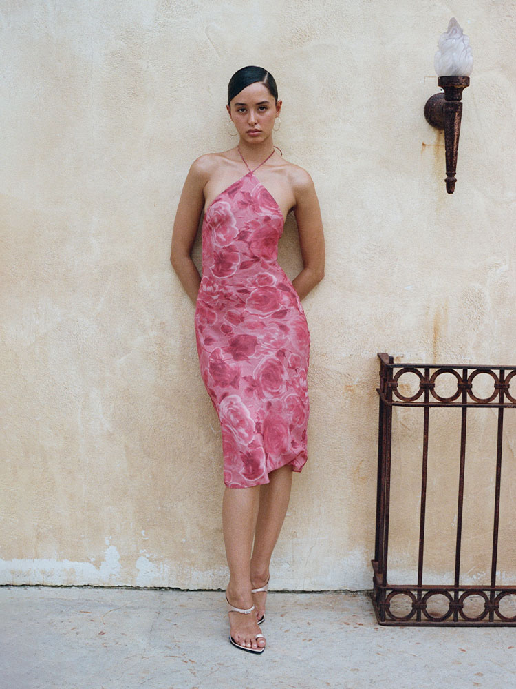 Electra Crush | Pink halter floral midi dress | Réalisation