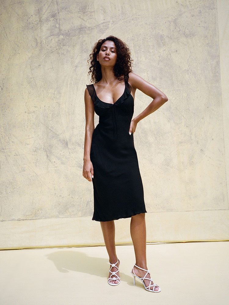 Gemma Black | Black silk frill midi dress | Réalisation