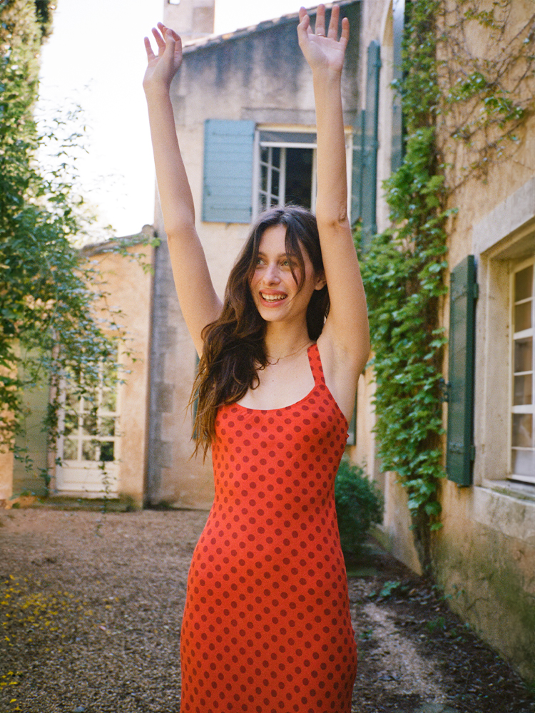 Allegra Aura | Red Spot Silk Maxi Dress | Réalisation Par