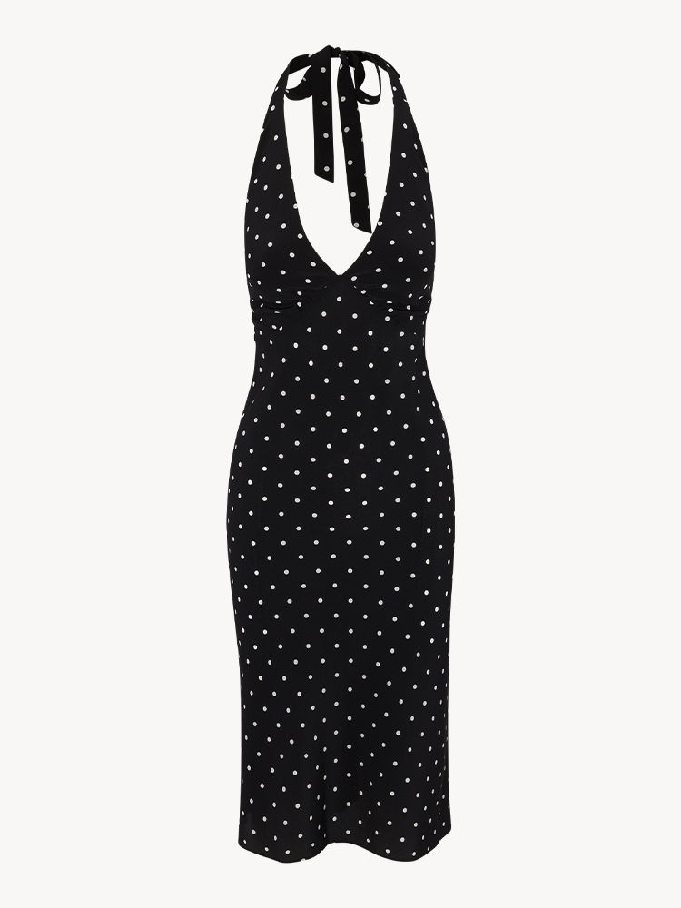 Sadie Petite Spot Noir | Polka Dot Halter Midi Dress | Réalisation Par