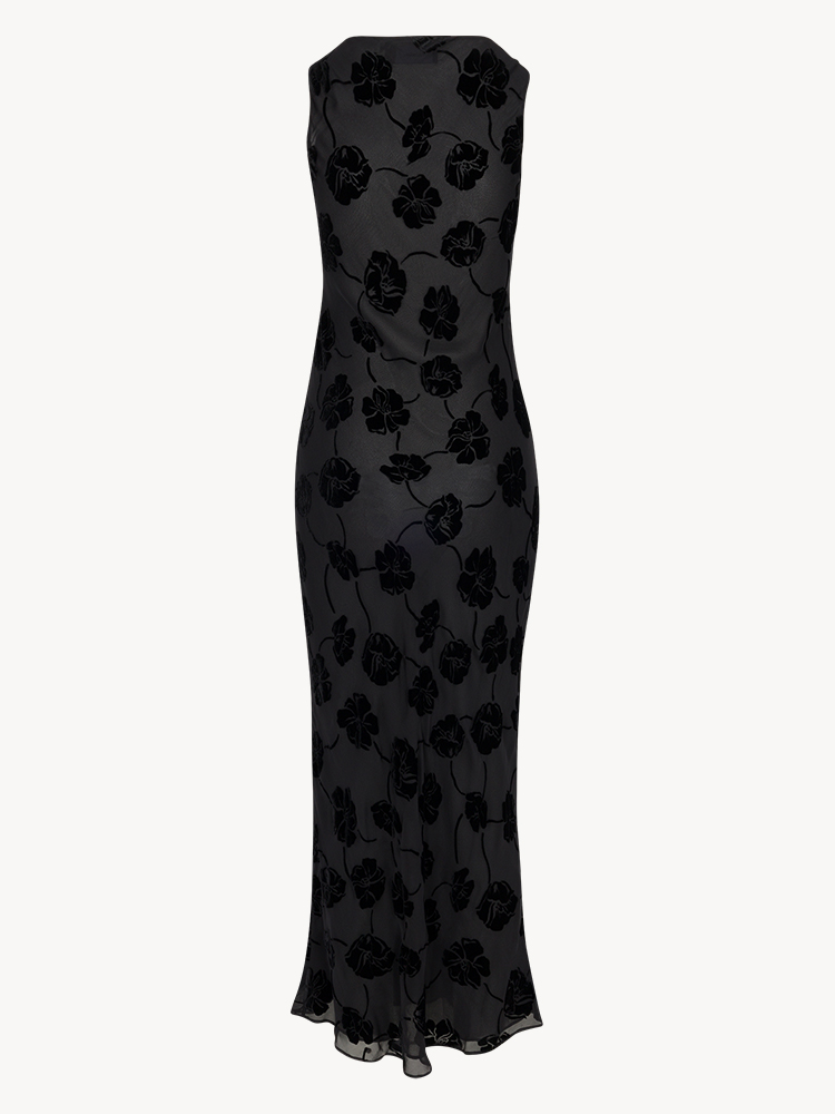 Carla Lily Devoré Noir | Black floral silk maxi dress