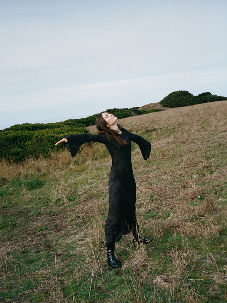 Gia Midnight Rose | Long sleeve black floral silk maxi dress