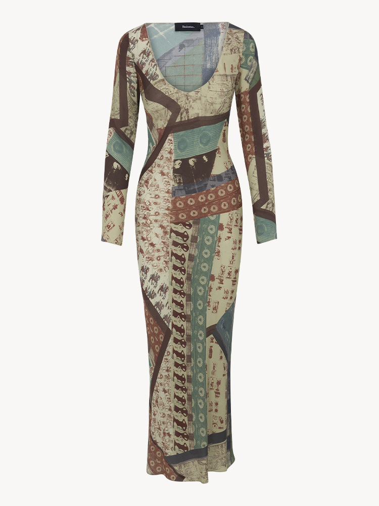 Realisation Par THE COLETTE ワンピース XS The Colette Relic | Long Sleeve Patchwork Silk Maxi Dress