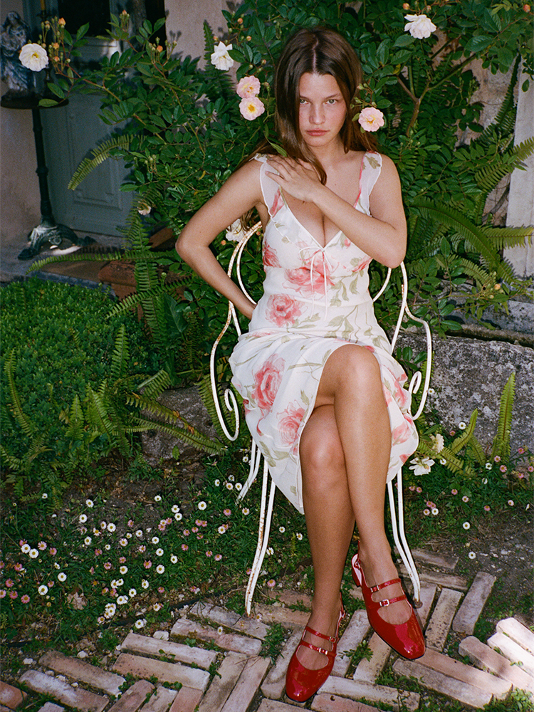 Gemma Pink Floyd | Floral silk frill midi dress | Réalisation
