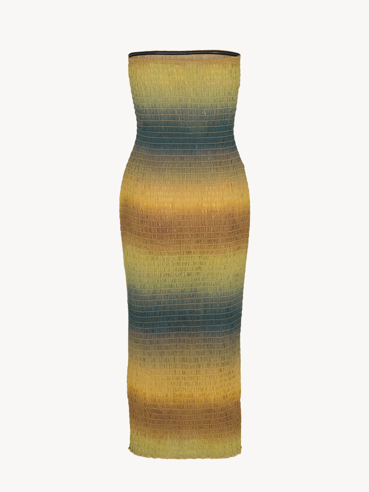 Jade Ambient | Striped Shirred Strapless Silk Dress