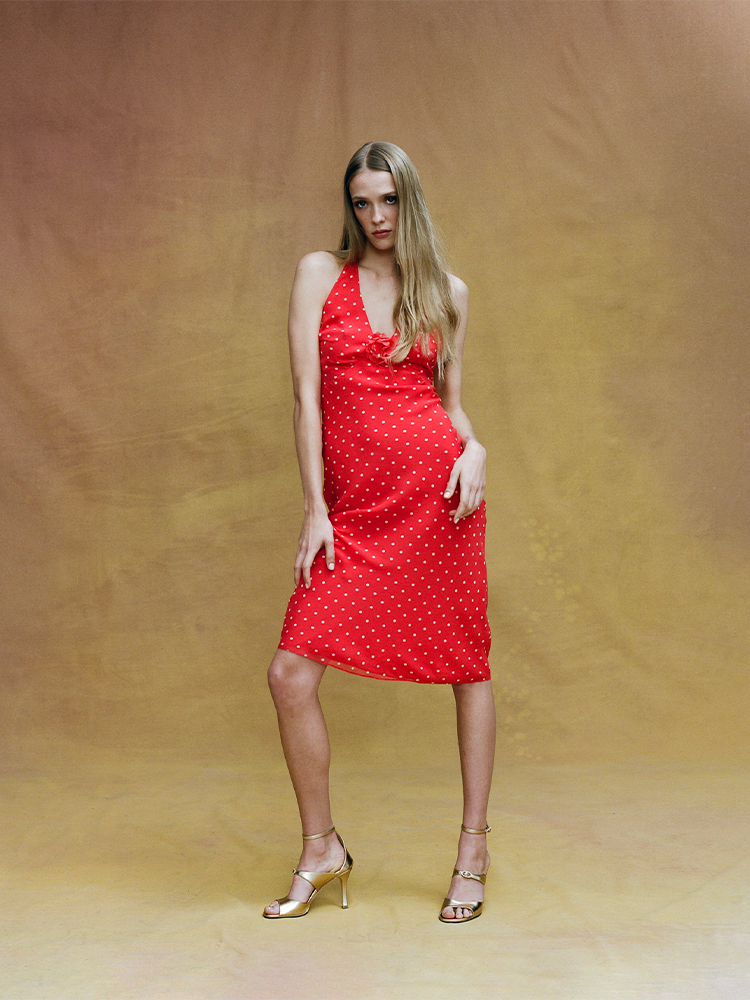 Sadie Flame | Polka Dot Halter Midi Dress | Réalisation Par