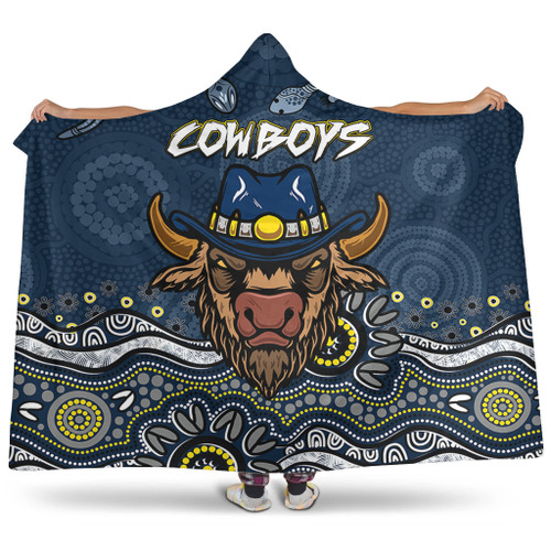 North Queensland Sport Custom Hooded Blanket - Custom Blue Cowboys Blooded Aboriginal Inspired Hooded Blanket
