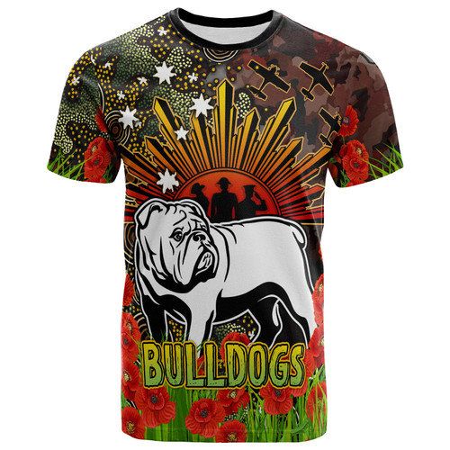 Australia City of Canterbury Bankstown Custom T-shirt - Anzac Bulldog with Remembrance Poppy and Indigenous Patterns T-shirt
