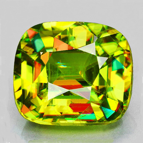 6x5.5 mm { 1.02 cts } Cushion Excellent Rainbow Flash Intense Green Yellow Sphene Natural { Flawless-VVS }--AAA Grade