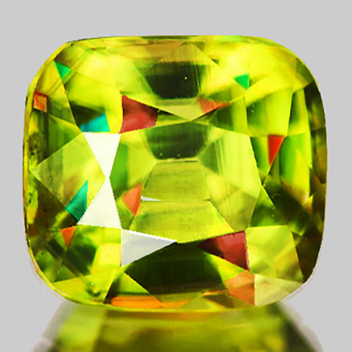 6x5.5 mm { 1.25 cts } Cushion Excellent Rainbow Flash Intense Yellow Green Sphene Natural { Flawless-VVS }--AAA Grade