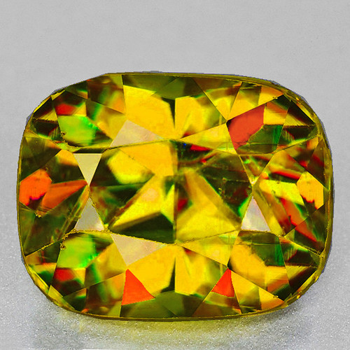 6.5x5.5 mm { 1.28 cts } Cushion Excellent Rainbow Flash Intense Golden Yellow Sphene Natural { Flawless-VVS }--AAA Grade