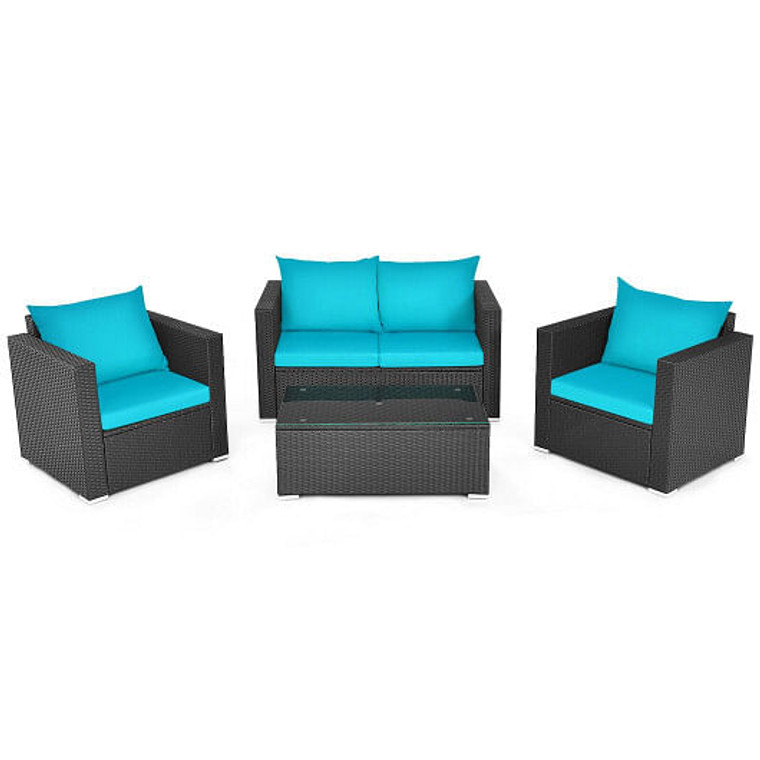 4Pcs Patio Rattan Cushioned Furniture Set-Turquoise - Color: Turquoise D681-HW65410BTU+