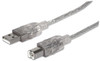 Manhattan USB-A to USB-B Cable, 3m, Male to Male, Translucent Silver, 480 Mbps (USB 2.0), Equivalent to Startech USB2AA2M (except colour), Hi-Speed USB, Lifetime Warranty, Polybag 340458 766623340458
