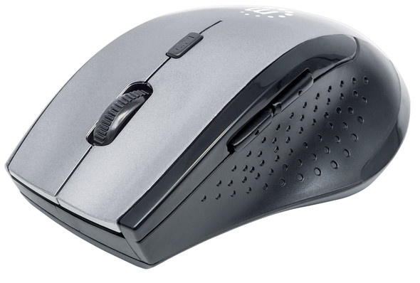 Manhattan Curve Wireless Mouse, Grey/Black, Adjustable DPI (800, 1200 or 1600dpi), 2.4Ghz (up to 10m), USB, Optical, Five Button with Scroll Wheel, USB micro receiver, 2x AAA batteries (included), Low friction base, Blister 105661