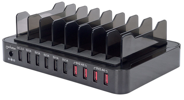 Manhattan Charging Station, 10x USB-A Ports, Outputs: 1x 2.4A (QC 2.0), 4x 2.4A & 5x 1A, Black (Power Adapter with Euro 2-pin plug), Box 113943