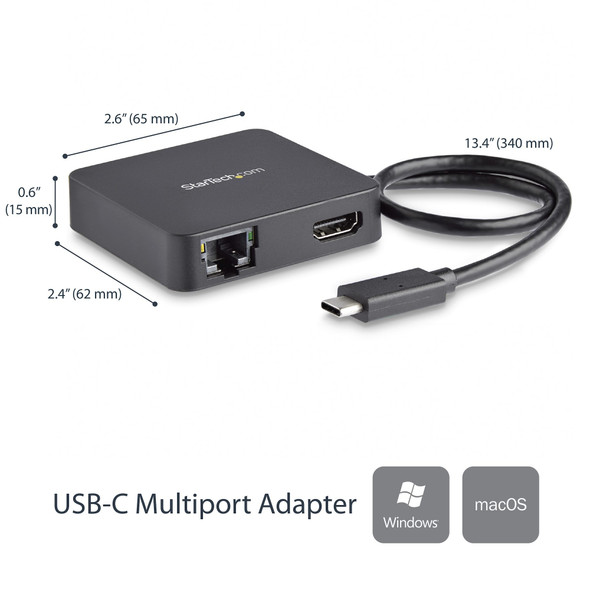Startech.Com Usb C Multiport Adapter - Portable Usb-C Mini Dock 4K Hdmi Video - Gigabit Ethernet, Usb 3.0 Hub (1X Usb-A 1X Usb-C) - Usb Type-C Multiport Adapter - Thunderbolt 3 Compatible Dkt30Chd