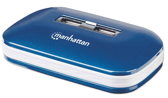 Manhattan USB-A 7-Port Ultra Hub, 7x USB-A Ports, 480 Mbps (USB 2.0), AC or Bus Power, Multiple Transaction Translator, Blue, Blister (With Euro 2-pin plug) 161039