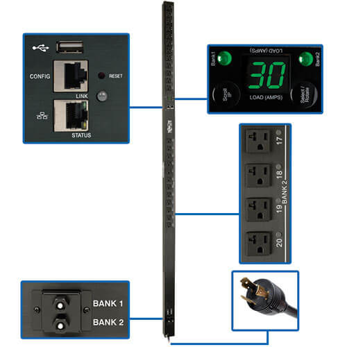 Tripp Lite 2.9kW Single-Phase Switched PDU with LX Platform Interface, 120V Outlets (24 5-15/20R), 10 ft. Cord with L5-30P, 0U, TAA PDUMV30NETLX