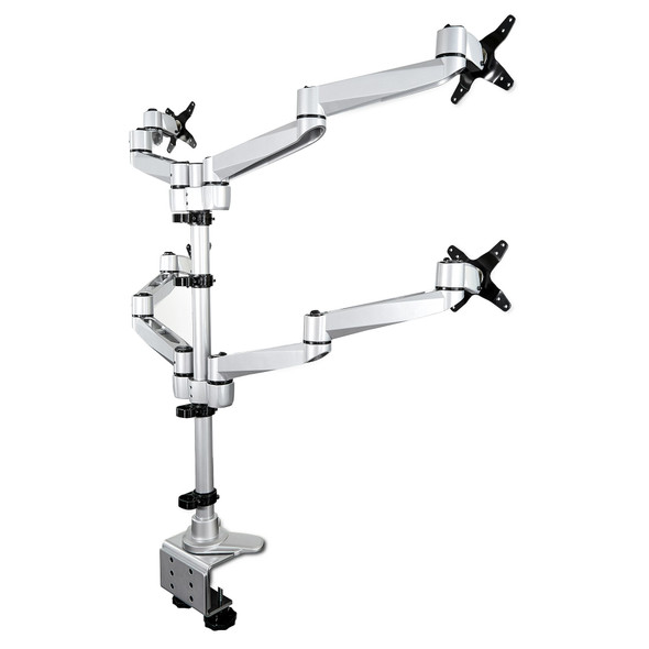 StarTech.com Desk Mount Quad Monitor Arm – Premium Articulating VESA 4 Monitor Mount 2x2 up to 27" – Ergonomic Height Adjustable Pole Mount - Tilt/Swivel/Rotate - C-Clamp/Grommet - Silver ARMQUADPS