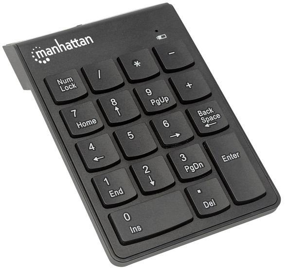 Manhattan Numeric Keypad, Wireless (2.4GHz), USB-A Micro Receiver, 18 Full Size Keys, Black, Membrane Key Switches, Auto Power Management, Range 10m, AAA Battery (included), Windows and Mac, Three Year Warranty, Blister 178846