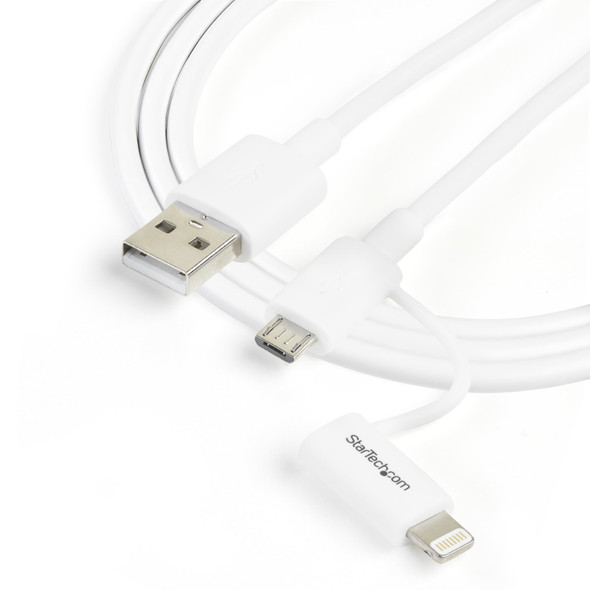 StarTech.com 1 m (3 ft.) 2 in 1 Charging Cable - USB to Lightning or Micro-USB for iPhone / iPad / iPod / Android - Apple MFi Certified - Multi Phone Charger - USB 2.0 LTUB1MWH