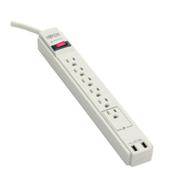 Tripp Lite Protect It! 6-Outlet Surge Protector, 6-ft. Cord, 990 Joules, 2 x USB Charging ports (2.1A), Gray Housing TLP606USB
