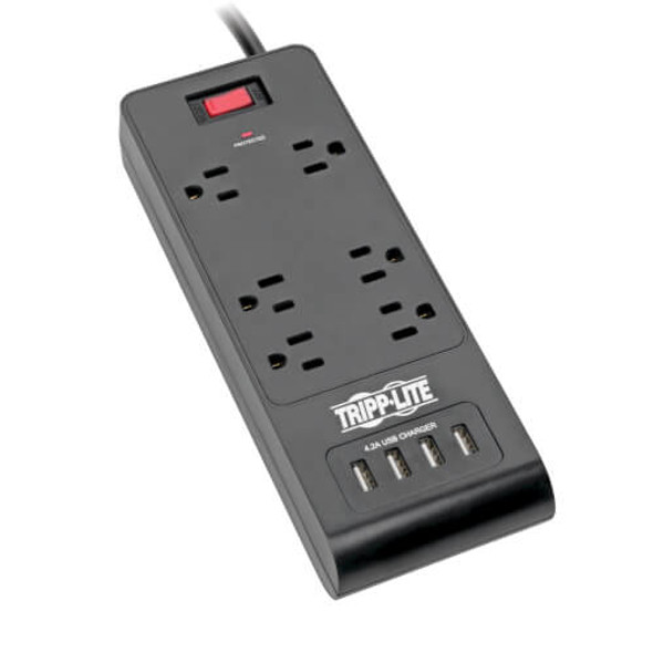 Tripp Lite 6-Outlet Surge Protector with 4 USB Ports (4.2A Shared) - 6 ft. Cord, 900 Joules, Black TLP664USBB