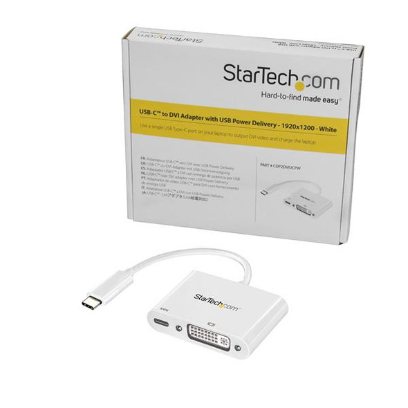 StarTech.com USB C to DVI Adapter with Power Delivery - 1080p USB Type-C to DVI-D Single Link Video Display Converter w/ Charging - 60W PD Pass-Through - Thunderbolt 3 Compatible - White CDP2DVIUCPW