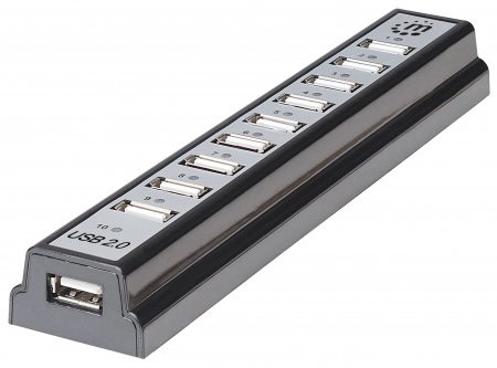 Manhattan USB-A 10-Port Desktop Hub, 10x USB-A Ports, 480 Mbps (USB 2.0), Bus or AC Power, Hi-Speed USB, Black, Three Year Warranty, Boxed (With Euro 2-pin plug) 766623161572 161572