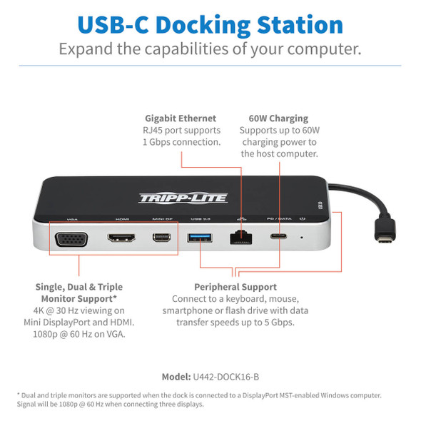 Tripp Lite Usb Dock, Triple Display - 4K Hdmi & Mdp, Vga, Usb 3.2 Gen 1, Usb-A/C Hub, Gbe, 60W Pd Charging, Black 037332253620 U442-Dock16-B