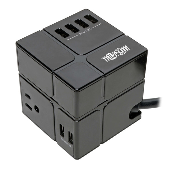 Tripp Lite Protect It! 3-Outlet Power Cube Surge Protector - 6 USB-A Ports (7.2A Shared), 6 ft. Cord, 540 Joules, Black 037332238528 TLP366CUBEUSBB
