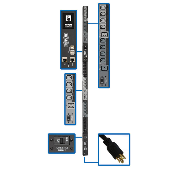 Tripp Lite 10kW 3-Phase Switched PDU, LX Interface, 200/208/240V Outlets (24 C13/6 C19), LCD, NEMA L2130P, 3m/10 ft. Cord, 0U 1.8m/70 in. Height, TAA 037332209474 PDU3EVSR10L2130