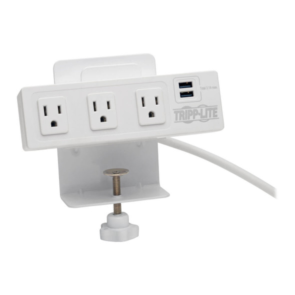 Tripp Lite 3-Outlet Surge Protector with 2 USB Ports, 10 ft. Cord – 510 Joules, Desk Clamp, White Housing 037332224897 TLP310USBCW