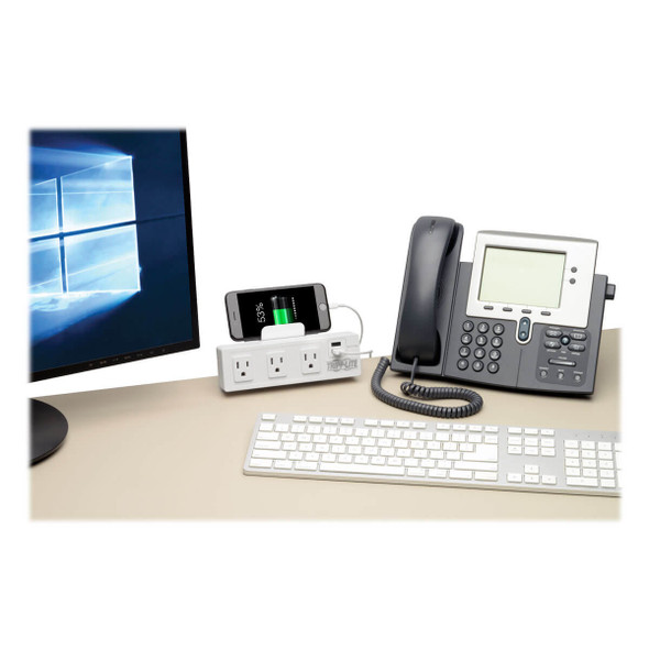 Tripp Lite 3-Outlet Surge Protector with 2 USB Ports, 10 ft. Cord – 510 Joules, Desk Clamp, White Housing 037332224897 TLP310USBCW