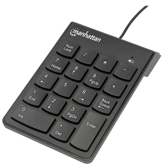 Manhattan Numeric Keypad, Wired, USB-A, 18 Full Size Keys, Black, Membrane Key Switches, Windows and Mac, Three Year Warranty, Blister 766623176354 176354