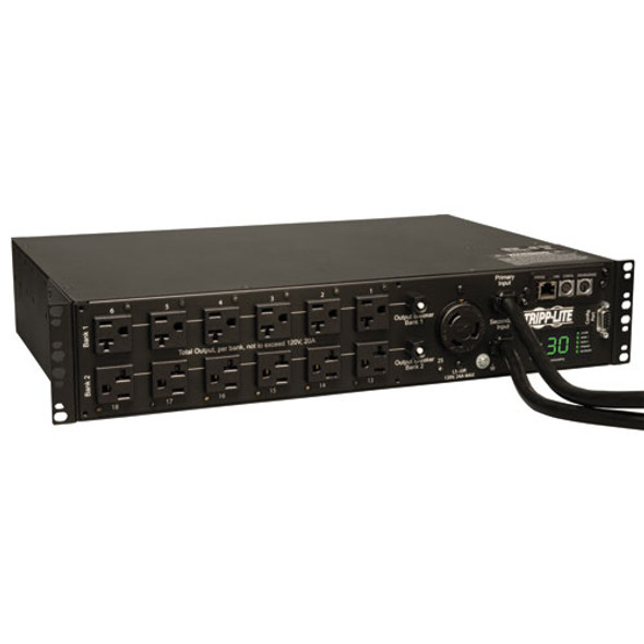 Tripp Lite 2.9kW Single-Phase ATS / Switched PDU, 120V Outlets (24 5-15/20R, 1 L5-30R) 2 L5-30P, 2 10ft Cords, 2U Rack-Mount 037332157294 PDUMH30ATNET