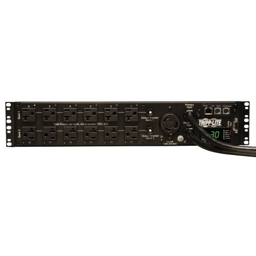 Tripp Lite 2.9kW Single-Phase ATS / Switched PDU, 120V Outlets (24 5-15/20R, 1 L5-30R) 2 L5-30P, 2 10ft Cords, 2U Rack-Mount 037332157294 PDUMH30ATNET
