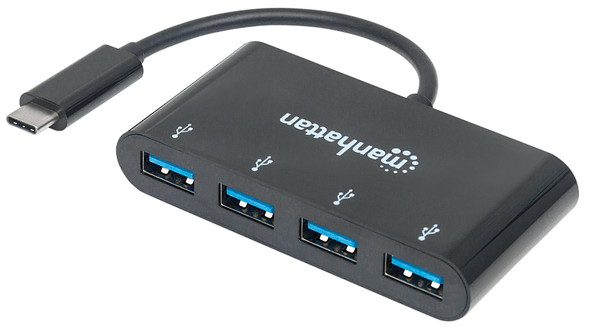 Manhattan USB-C Dock/Hub, Ports (x4): USB-A (x4), 5 Gbps (USB 3.2 Gen1 aka USB 3.0), External Power Supply Not Needed, Equivalent to Startech HB30C4AB, Cable 20cm, SuperSpeed USB, Black, Three Year Warranty, Blister 766623162746 162746