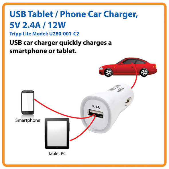 Tripp Lite Usb Tablet / Phone Car Charger, 5V 2.4A / 12W 037332184276 U280-001-C2